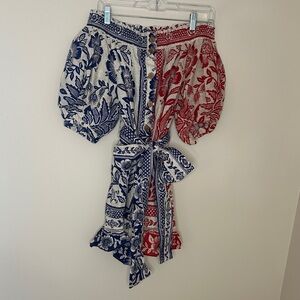 FARM Rio Red and Blue Off The Shoulder Mini Dress